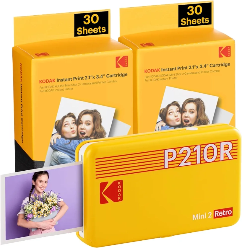 KODAK Mini 2 Retro 4PASS Imprimante Photo Mobile (5,3 x 8,6 cm) – Paquet de 68 Feuilles, Jaune