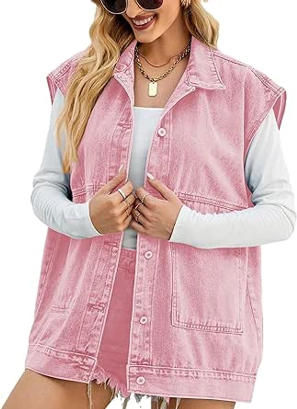 Zontroldy Denim Jean Vest for Women Oversized Sleeveless Button Down Denim Jean Vest Waistcoat Shacket Jacket (0170-Pink-S) at Amazon Women's Coats Shop