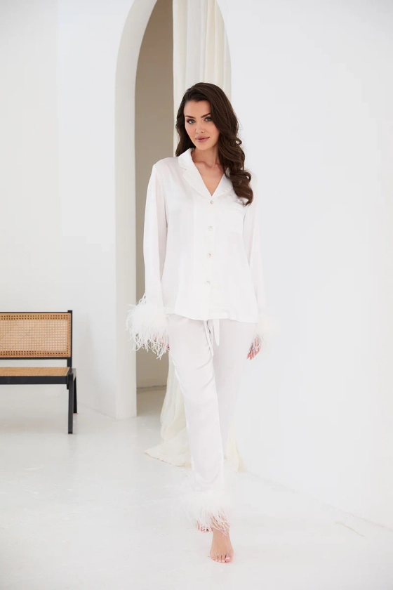 Personalised Luxury Satin Long Sleeve Pyjama Set With Feather - White / White