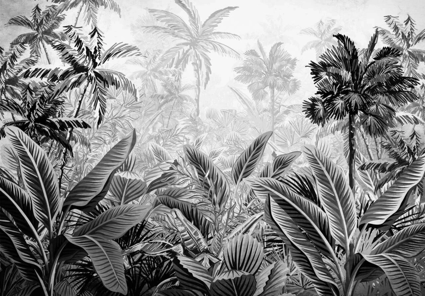 Papier Peint Lavable Panoramique Jungle Feuilles Noir et blanc 368x254 cm - Colle Inclus - Chambre et Salon - Moderne Intissé