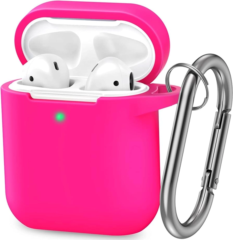 ATUAT AirPods Case Cover, Full Protective Silicone Skin Dust-Proof Designed for Apple AirPods 1st 2nd Generation with Keychain, Front LED Visible, Hot Pink