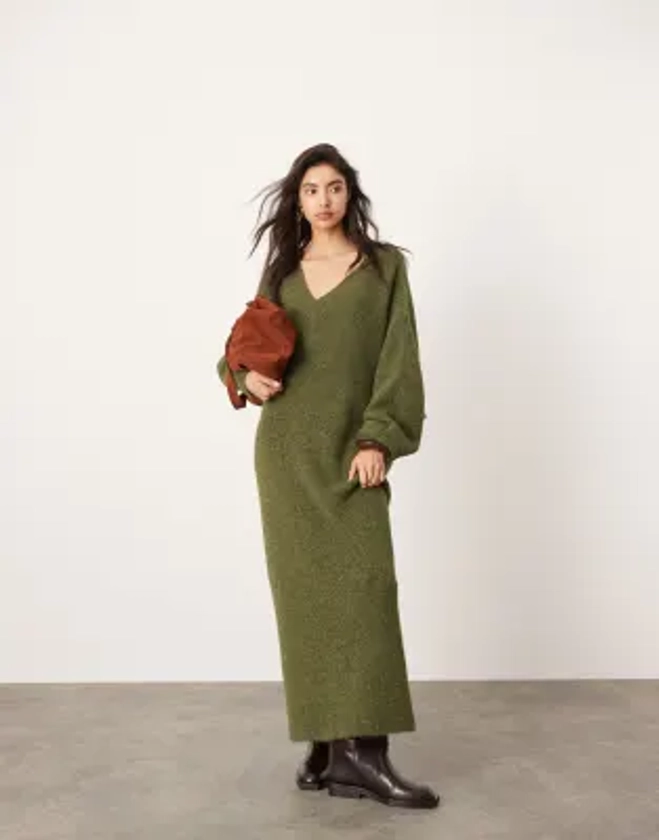 ASOS EDITION knitted v neck maxi dress in khaki green | ASOS