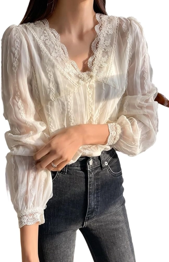 Womens Tops Embroidery Mesh Puff Sleeve Blouse