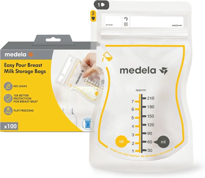 Medela Easy Pour Breastmilk Storage Bags | 100 count 210ml | Disposable Leakproof Breast Milk Bags with Milk Protection | Recyclable & BPA Free