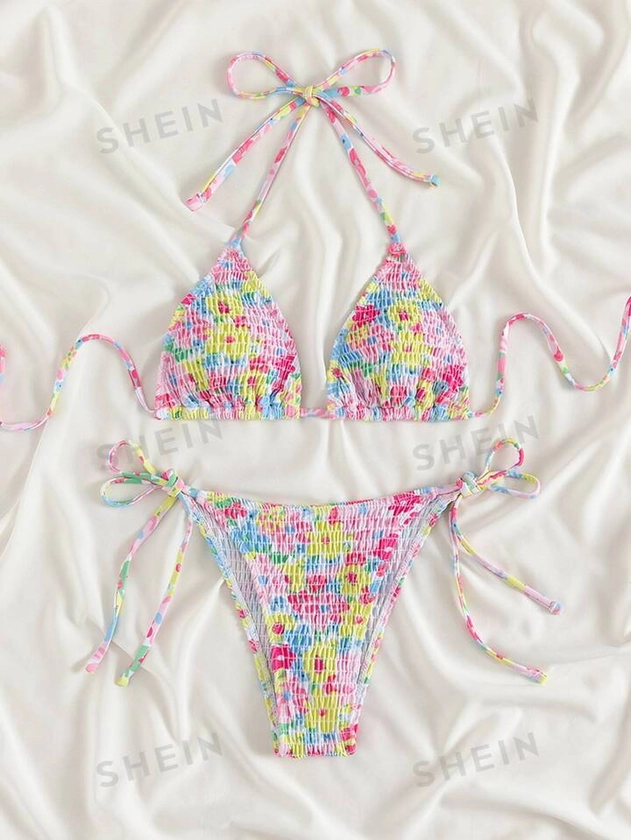 SHEIN Swim Mod Random Floral Print Bikini Set Smocked Halter Triangle Bra Top & Tie Side Bikini Bottom 2 Piece Swimsuit