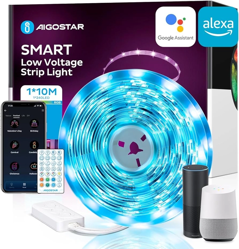 Aigostar 10M Led Strip Lights RGB Led Lights with Alexa Smart App Control Remote, 30 Beads/m Music Sync Color Changing for Bedroom Lighting Home Party