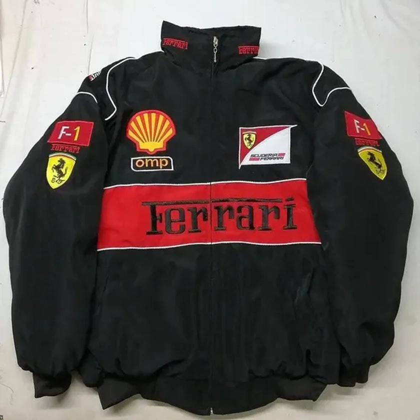 Vintage Ferr ari Racing Jacket Embroidered Cotton Padded F1 Ferrari Jacket Black, Oversize Jacket, Embroidered Jacket