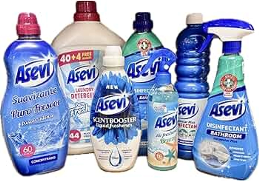 7PC Asevi Ultimate BLUE Spanish Cleaning Bundle | 40w Detergent, 60w Softener, Scent Booster, Bano Disinfectant, Floor Cleaner, Bathroom Spray, Fabric/Air Freshener