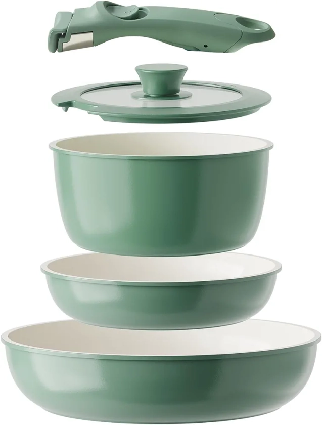 Redchef Set de poêles en céramique avec poignée amovible, casserole non toxique, pour camping, sans PTFE, sans PFOA, peu encombrante, passe au lave-vaisselle, vert