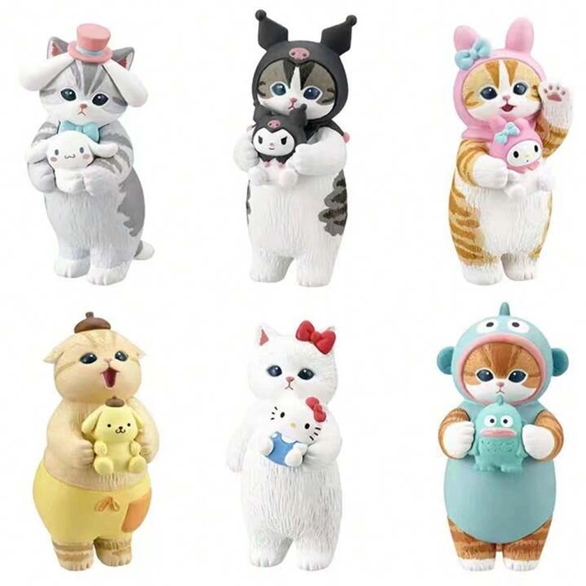 6 piezas/paquete Figura de gato de la marca Melody Cos, modelo mini PVC Kawaii de 5 cm, muñeco decorativo para pasteles o autos. Decoración de Halloween El Día de los Muerto