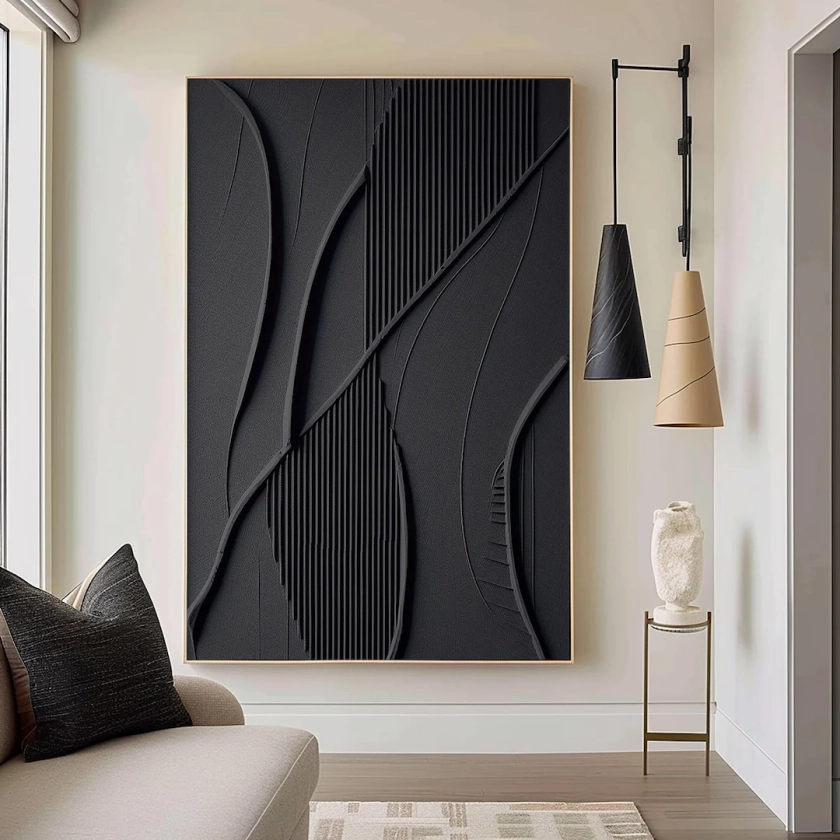 Large Black Minimalist Wall Art , Black 3D Texture Painting , Black Modern Simple Abstract Painting , Black Minimalist Art , Black 3D Art