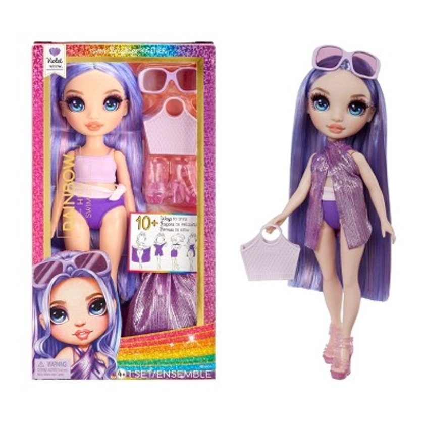 Rainbow High Swim & Style Violet Purple 11'' Doll with Shimmery Wrap to Style 10+ Ways, Removable Swimsuit, Sandals, Accessories