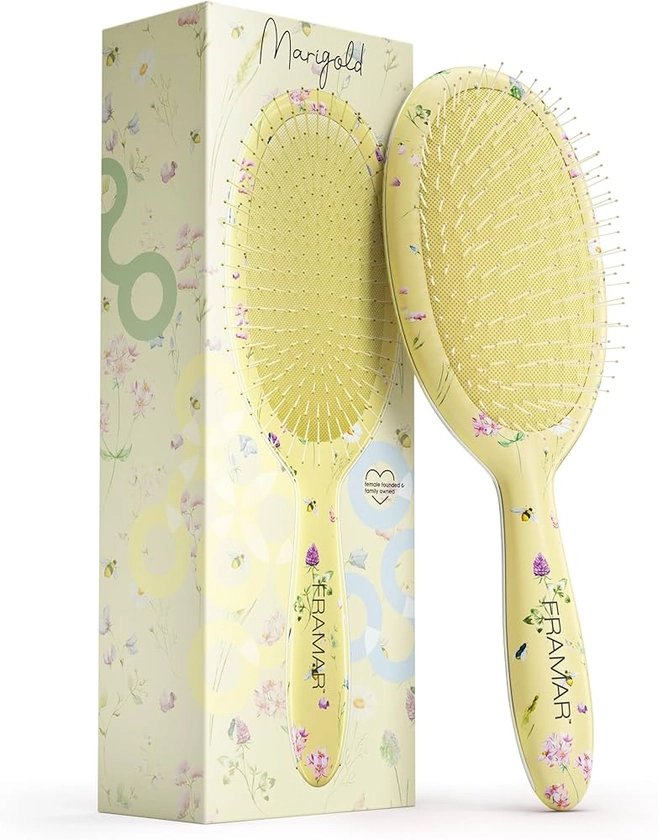 Framar No More Tangles Hairbrush - Detangle Hair Brush for Women, Men & Children, Detangler Hair Brush, Wet Detangle Hair Brush For Curly Hair - Floral Yellow