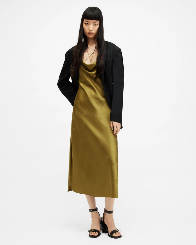 Hadley Jacquard Slim Fit Midi Slip Dress SAP GREEN | ALLSAINTS FR
