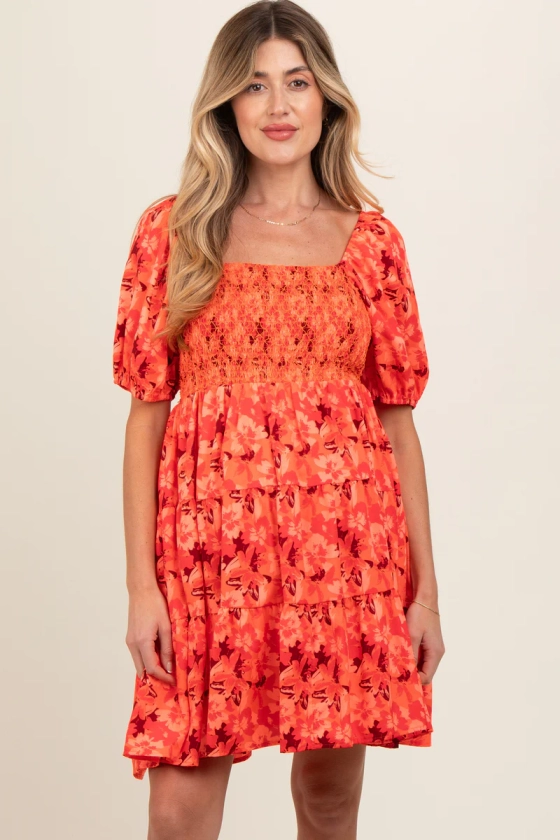 Orange Floral Smocked Tiered Maternity Dress