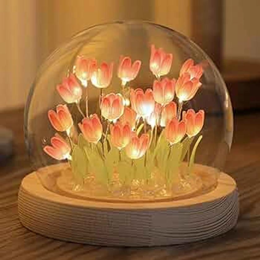 (20 Flower) Assembled Tulip Lamp Night Light with Glass Dome, Cool Handmade Artificial Flower Table Lamp Bedroom Desk Decoration for Women Girlfriend Sister Besties Birthday Gift Unique