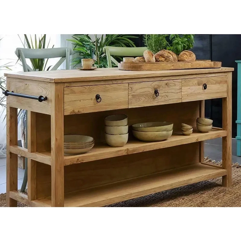 Country Farmhouse Solid Reclaimed Elm Wood Large Kitchen Island 120cm | Picture Perfect Home