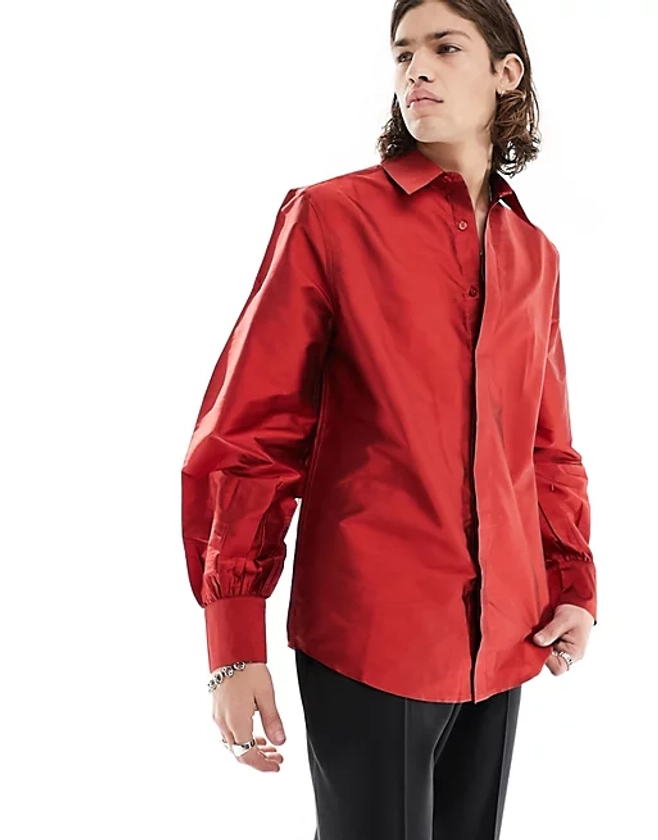 ASOS DESIGN regular shirt with blouson sleeve in taffeta in red | ASOS