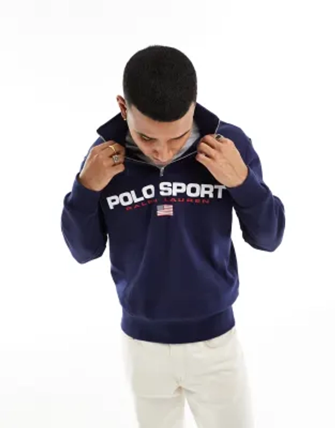 Polo Ralph Lauren Sport capsule retro flag logo half zip sweatshirt in navy