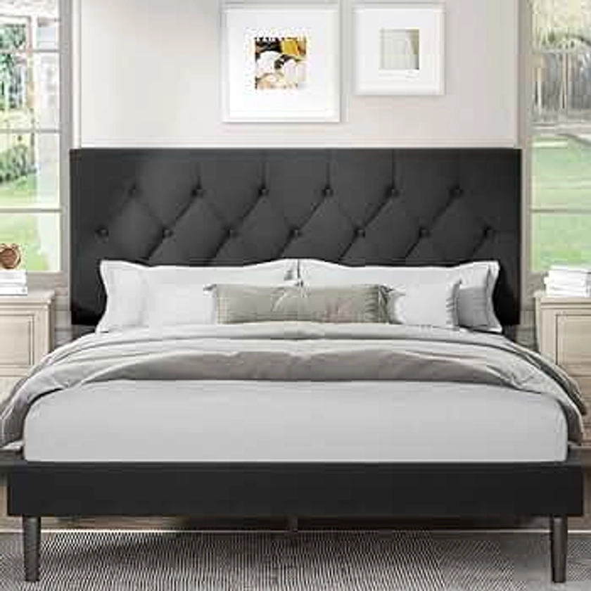 Full Size Platform Bed Frame with Upholstered Headboard, Button Tufted Design, No Box Spring Needed, Dark Grey