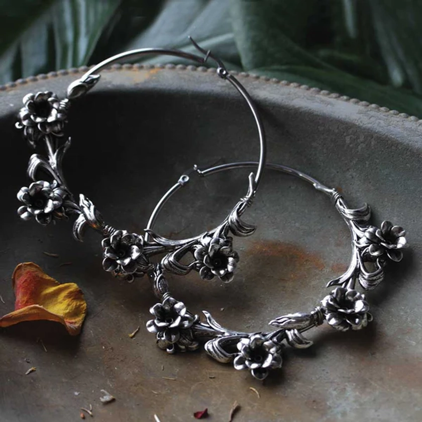 LAVISH. Wild Rose Hoop Earrings - Silver