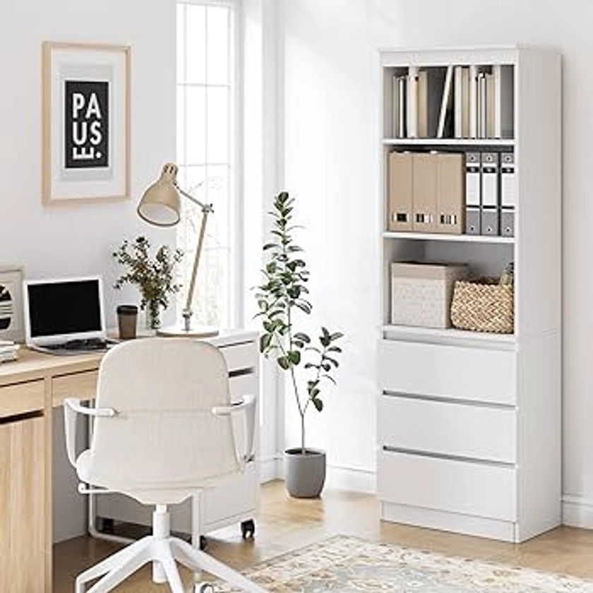 FirFurd Bibliothèque Haute Meuble de Rangement en Bois Armoire d'affichage Autoportante avec 3 étagères 3 Tiroirs pour Salon Bureau 60x35x180cm Blanc