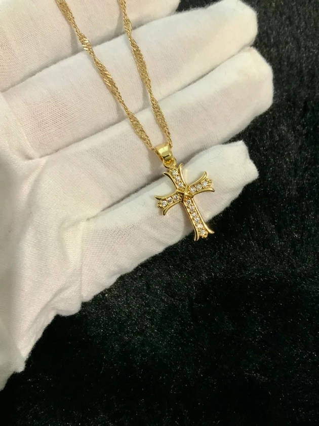 18K Gold Filled 18&quot; Wave Chain With Stunning Cubic Zirconia Cross Crucifix Ref:-13