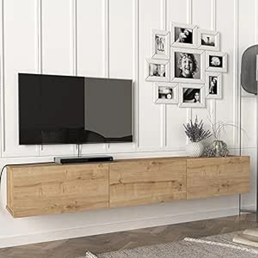 [en.casa] Meuble TV Mural Support Télé Suspendu avec Étagères Fermées Espace de Rangement Flottante pour Salon Banc Télévision Panneau de Particules 180 x 31 x 29,5 cm Effet Chêne : Amazon.fr: Cuisine et Maison