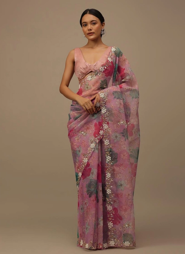 Pink Embroidered Printed Casual Saree