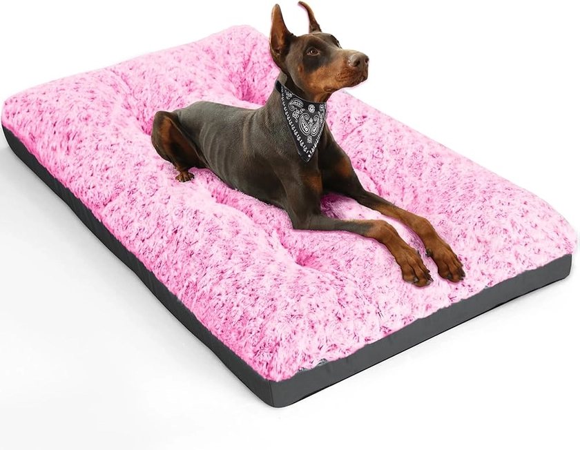 Deluxe Washable XL Dog Bed Dog Crate Mat 42 inch Comfy Fluffy Kennel Pad Anti-Slip for Dogs Up to 90 lbs, 42" x 28", Pink