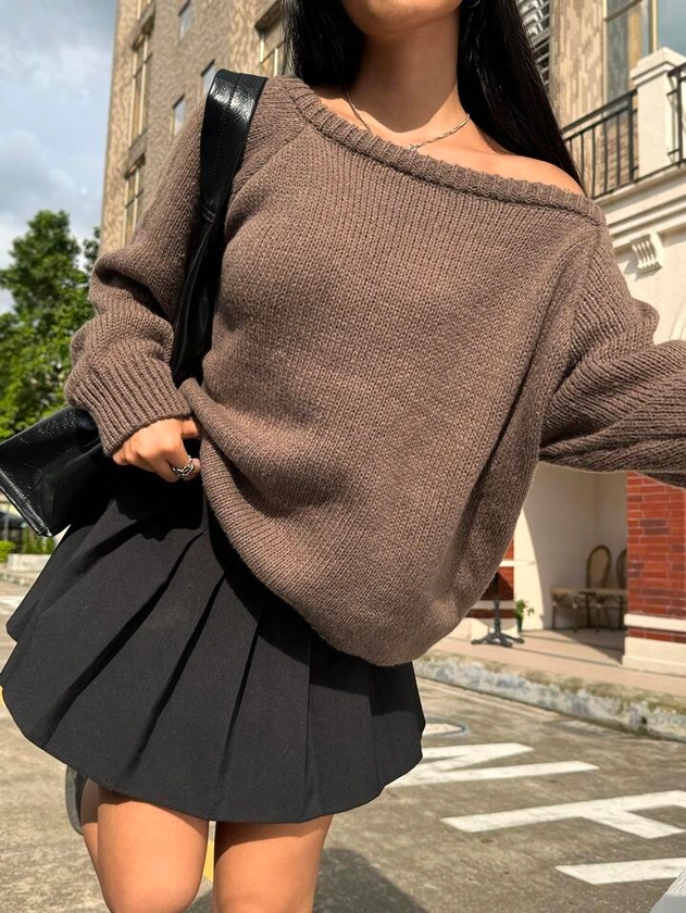 SHEIN EZwear Solid Khaki Raglan Sleeve Sweater