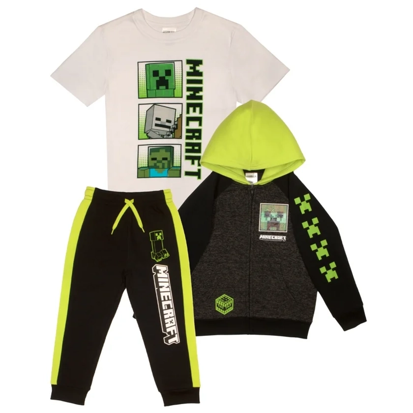 Minecraft Creeper Skeleton Zombie Zip Up Hoodie T-Shirt Sweatpants 3 Piece Set (Size 4-16) - Walmart.com