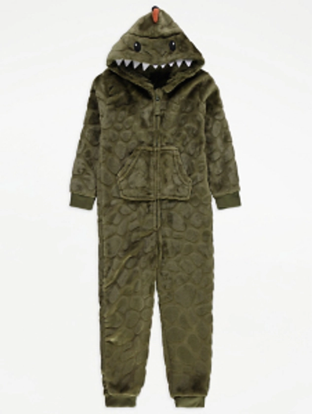 Khaki Dinosaur Fleece Onesie