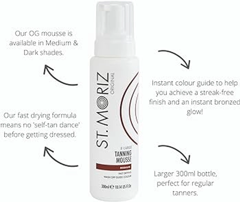 St Moriz Original Extra Large Instant Tanning Mousse in Medium | Fast Drying Vegan Fake Tan | With Wash Off Guide Colour | For Streak Free Bronzed Glow | Dermatologically Tested & Cruelty Free | 300ml