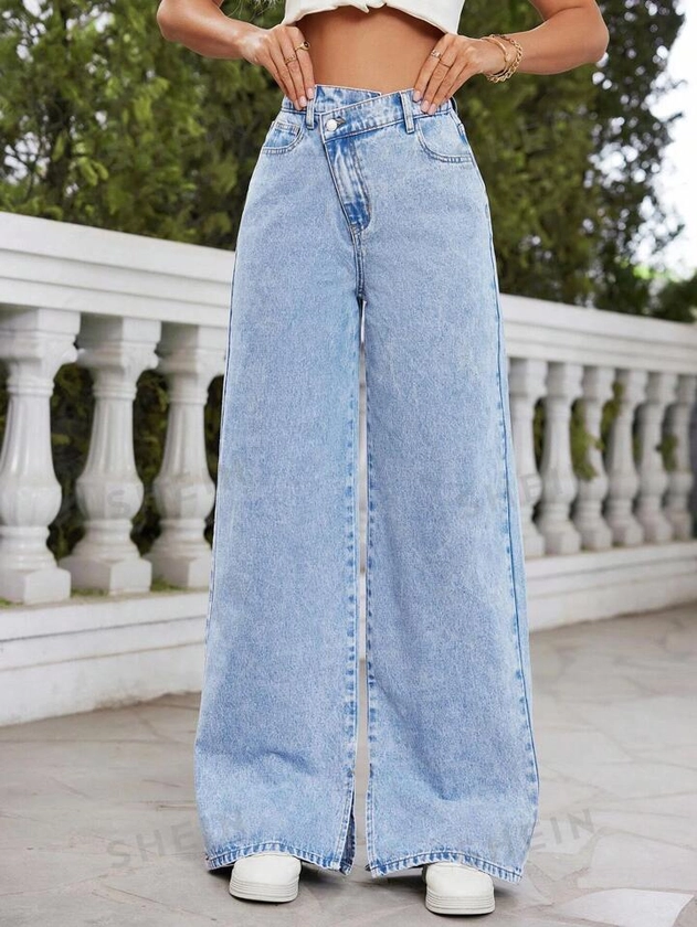 SHEIN Tall High Waist Side Slit Extra Long Wide Leg Jeans For Women, Blue | SHEIN EUR
