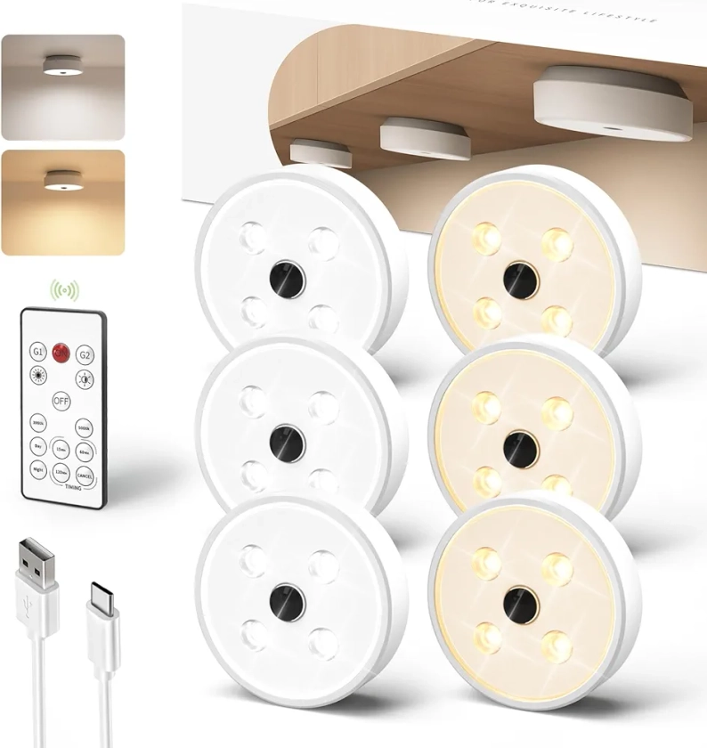 EZVALO Puck Lights with Remote 6Pack, Rechargeable 1200mAh Motion Sensor Under Cabinet Lights, 2 Color Temps LED Closet Lights Group Control, Dimmable Under Counter Lights for Kitchen, Bedroom