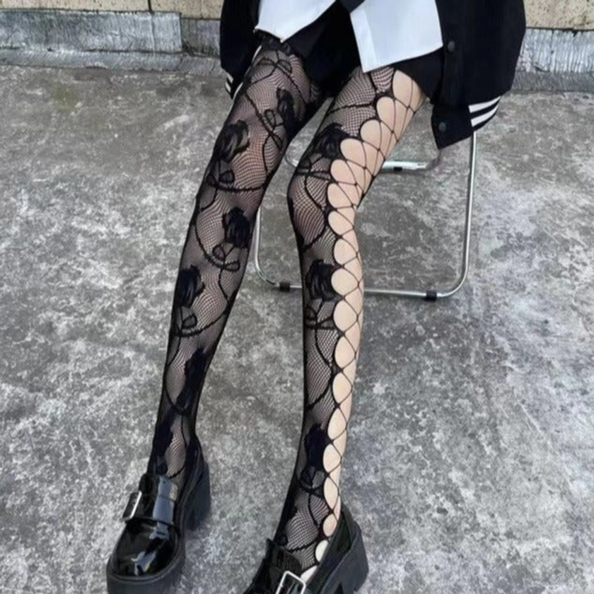Side hollow out flower pattern fishnet tights