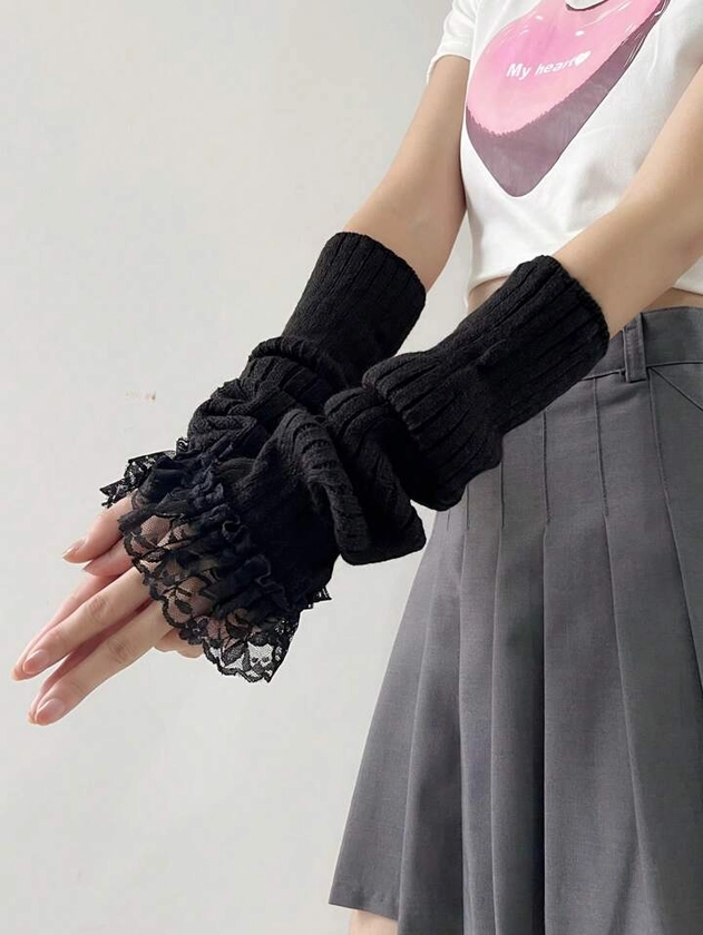 1 Par De Mangas De Brazo Con Borde De Encaje Negro Para Mujer, Guantes De Lana De Punto Cálidos Para Otoño E Invierno, Estilo Princesa , Adecuados Para Citas/uso Diario