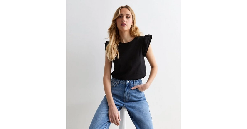 Black Cotton Frill Sleeve Top | New Look