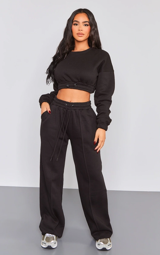 Petite Black Wide Leg Seam Detailed Joggers