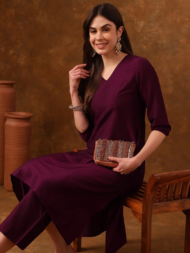 Anouk V-Neck Three-Quarter Sleeves Panelled Kurta with Palazzos