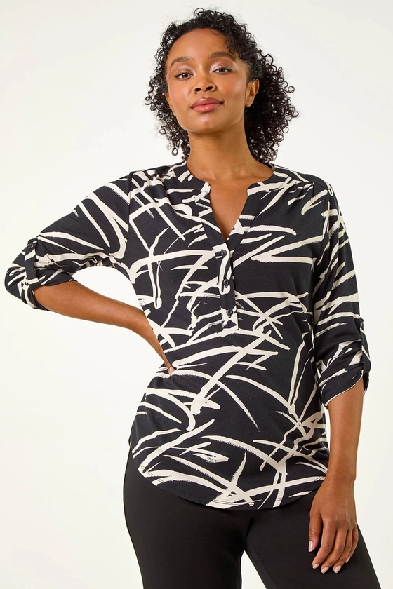 Black Petite Linear Print Buttoned Shirt | Roman UK