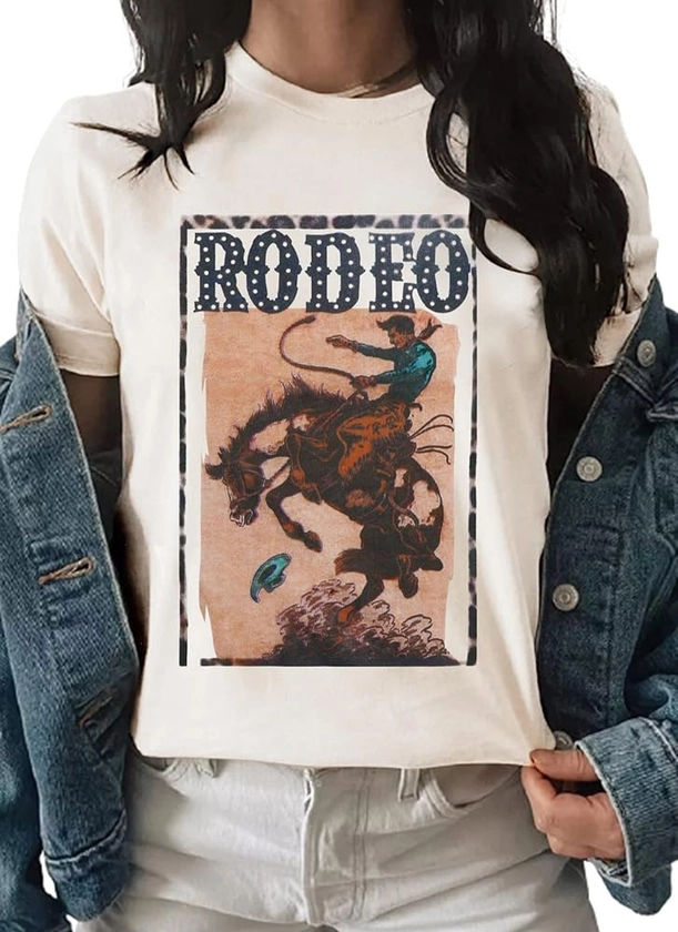 Anbech Womens Western Graphic Cowgirls Shirt Rodeo Print Tops Short Sleeve Cowboy Tops
