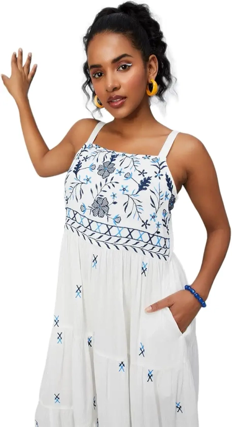Buy Max Women Embroidered Tiered Dress (EMBDRS41002AOFF WHITE)_XL at Amazon.in