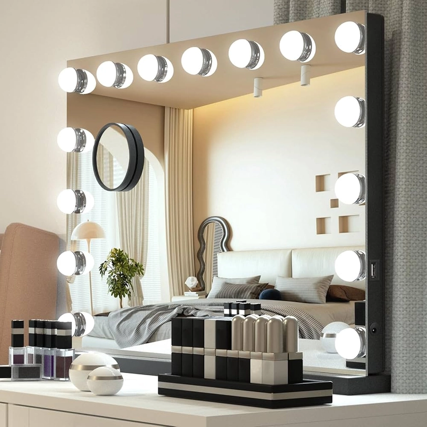 YU YUSING Miroir Maquillage Hollywood Lumineux 58X45cm, Miroir Coiffeuse 15 Ampoules LED, 3 Réglable Déclairage Modes, Grossissant 10x, Contrôle Tactile USB, Montage Mural Noir