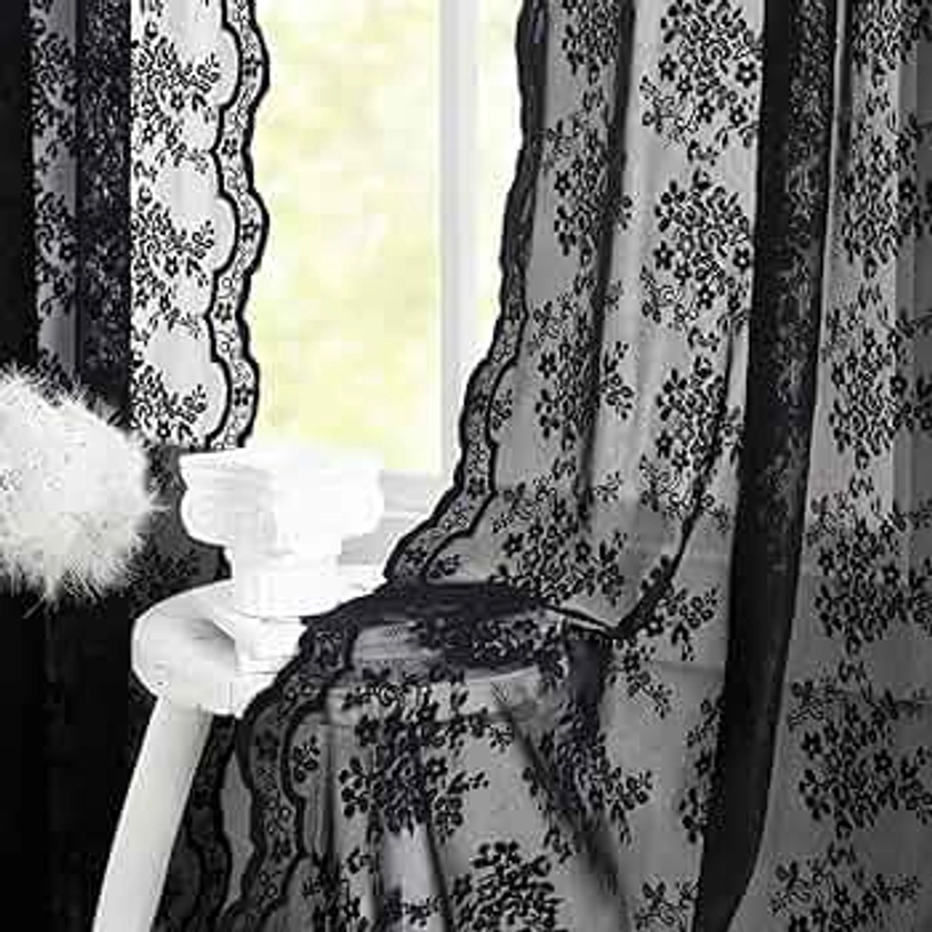 YJ YANJUN Black Sheer Curtains 84 inches Long Old Fashion Goth Curtains for Living Room Victorian Black Lace Window Curtains for Halloween Rod Pocket 52 x 84 Inch Black
