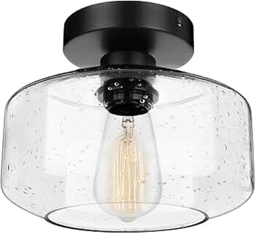 SunRider Industrial Semi-Flush Mount Ceiling Light Fixture, Modern Seeded Glass Pendant Lamp, Black Farmhouse Hanging Lighting for Bedroom Hallway