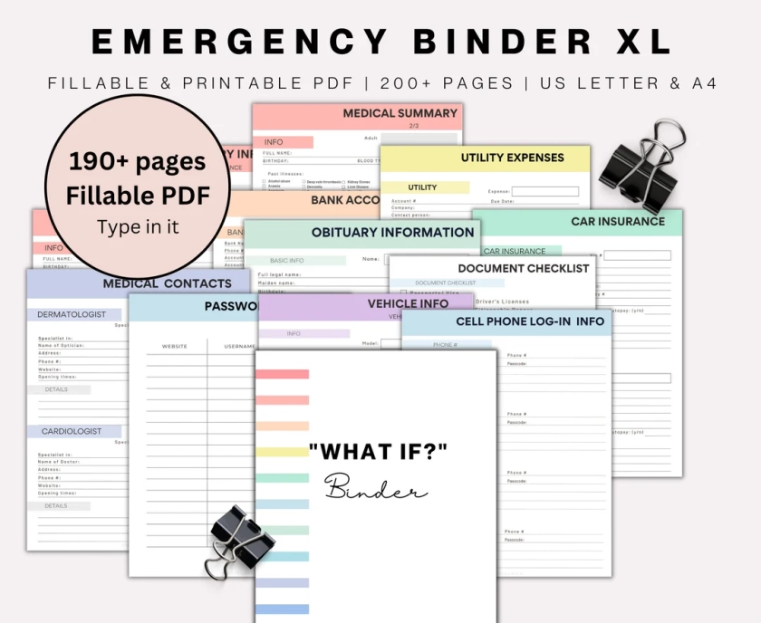 Emergency Binder Planner Fillable Printable PDF, Life Binder, What If Binder, Just In Case of Emergency Planner,Medical Binder Life Planner