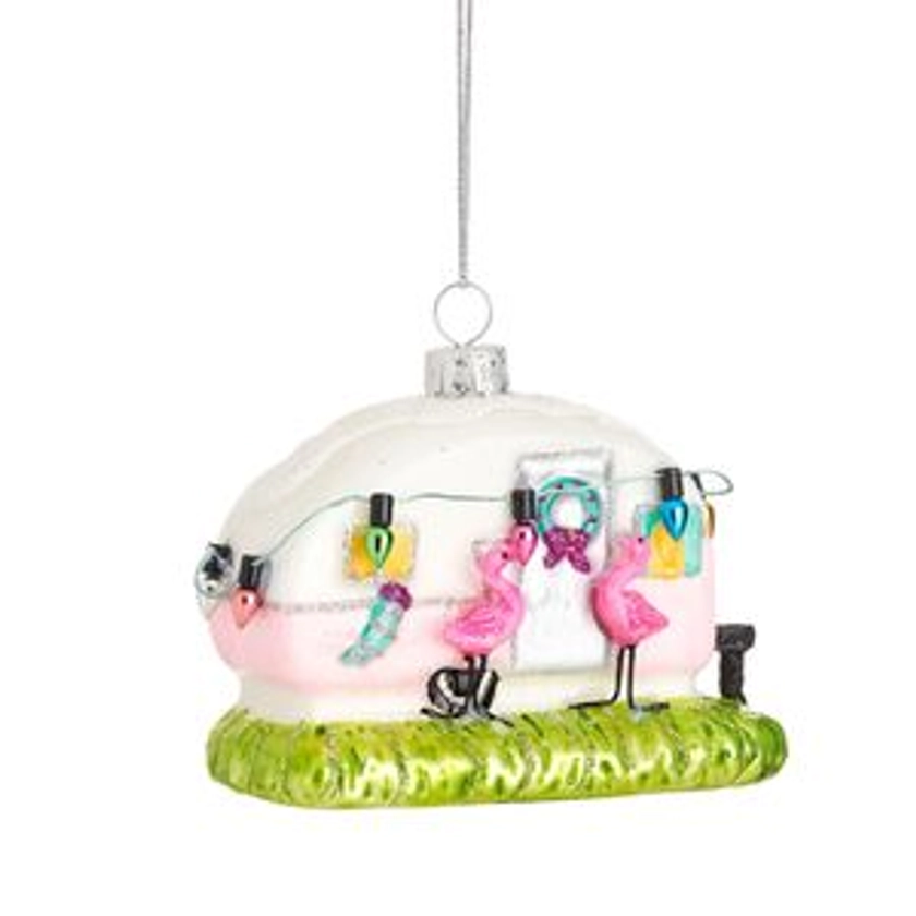 Christmas Glass Bauble Pink Flamingo Caravan