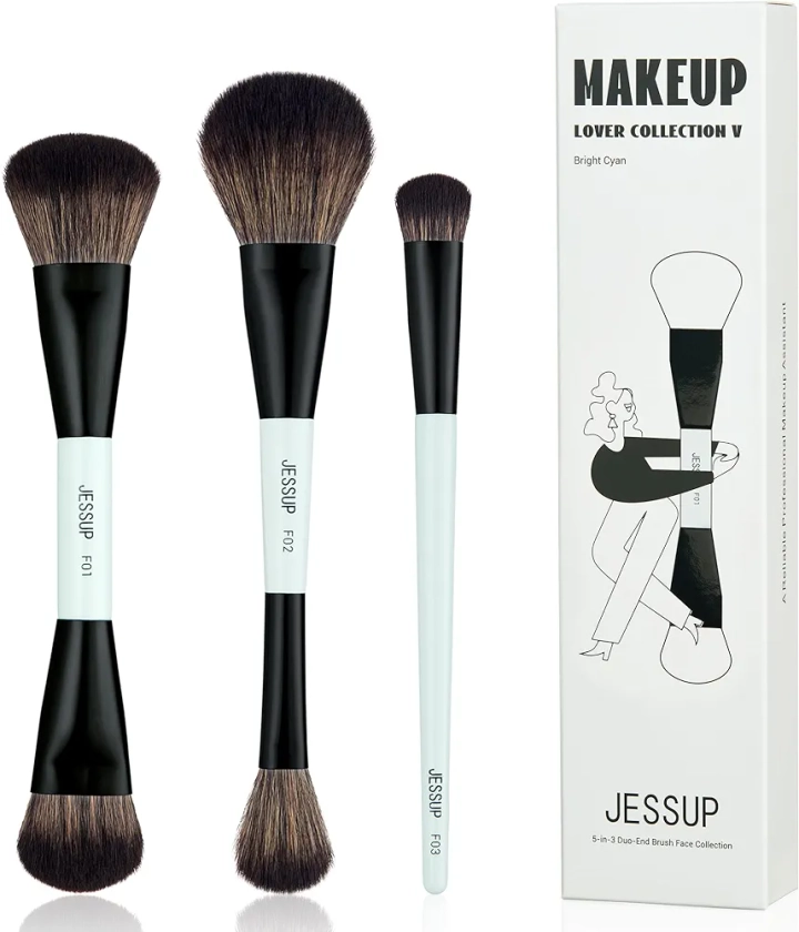 Jessup Face Makeup Brushes Blue 3pcs Double Ended Makeup Brush for Foundation Contour Blush Highlight and Concealer Brush, Premium Synthetic Brush Set T503